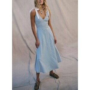 Free People Free-Est Cecelia Midi Dress Striped Printed Smocked Cotton L 287120